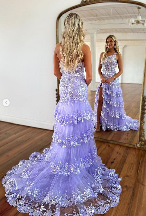 One Shoulder Lilac Tulle Sequin Mermaid Prom Dress with Sheer Corset Bodice and Ruffle Skirt