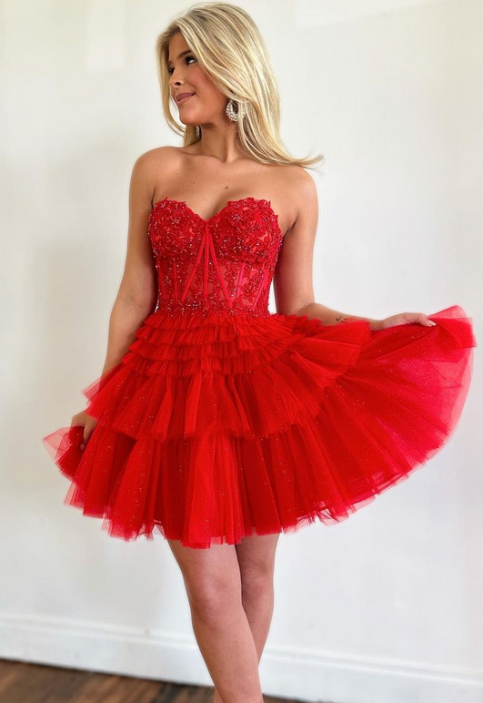Strapless Sheer Lace Corset Homecoming Dress with Ruffle Tulle Skirt DTH111