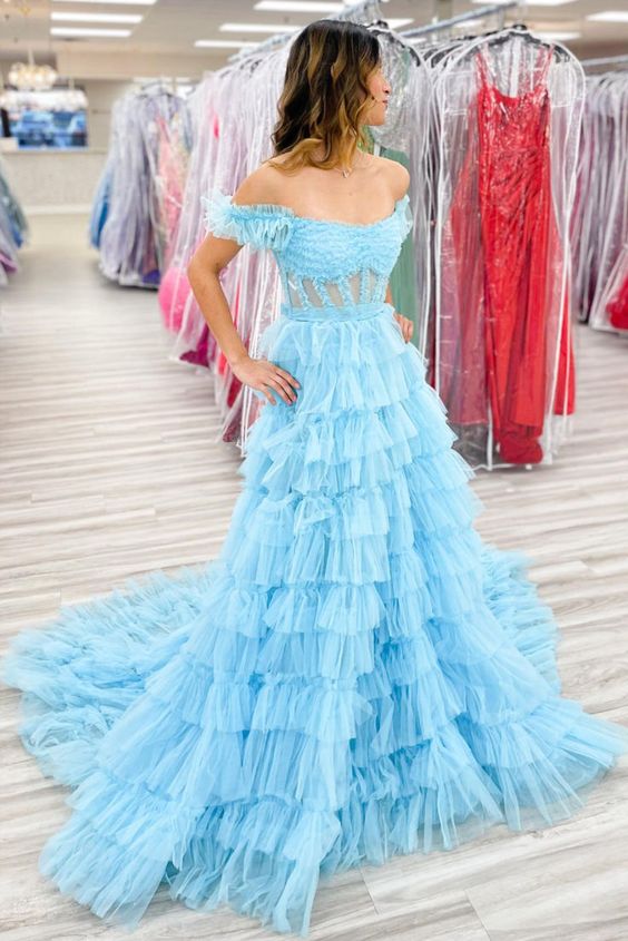 Tulle Long Prom Dress with Sheer Corset Bodice and Ruffle Skirt Slit