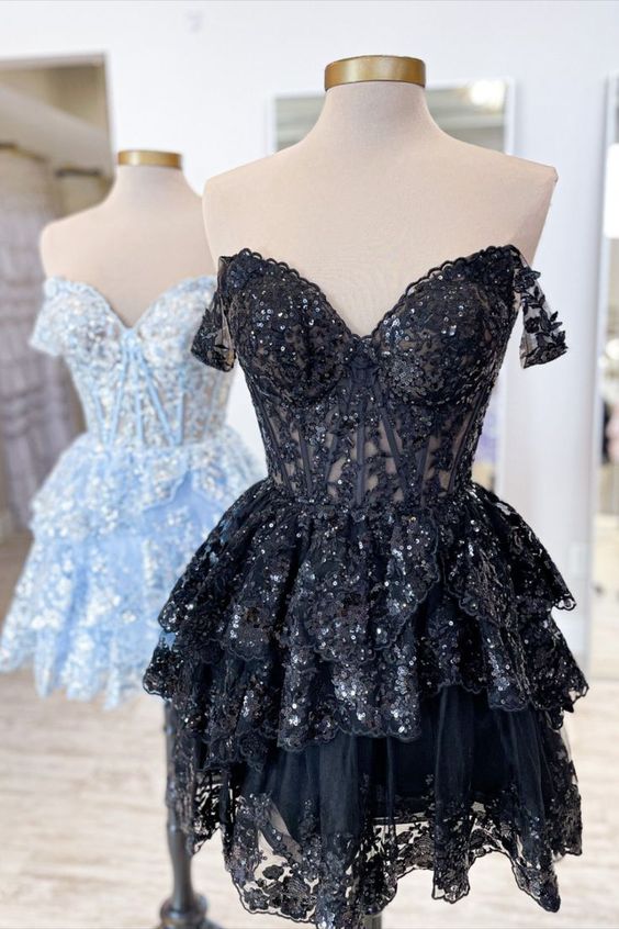 Tulle Sequin A-Line Homecoming dress with Sheer Corset Bodice and Ruffle Skirt  DTH213