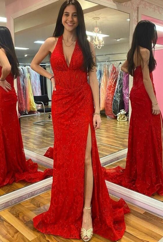 Halter Neck Fitted Lace Long Prom Dress with Slit