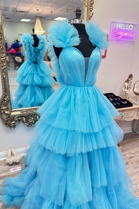 Tulle Ball Gown Long Prom Dress with Ruffle Skirt