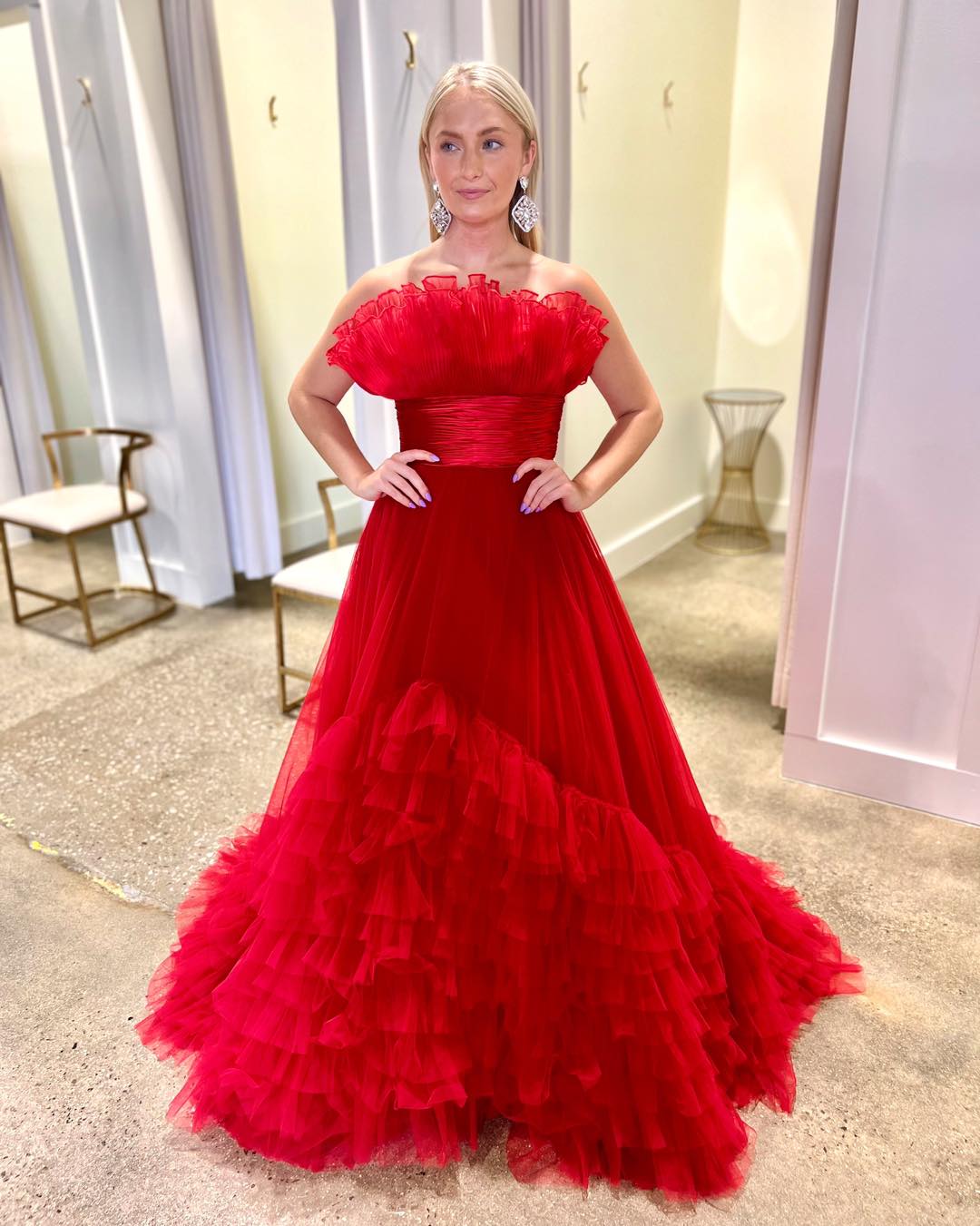 Strapless Red Long Prom Dress with Ruffle Tiered Neck and Ruffle Skirt