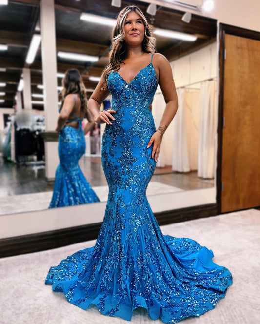 Straps Mermaid Sparkly Long Prom Dress