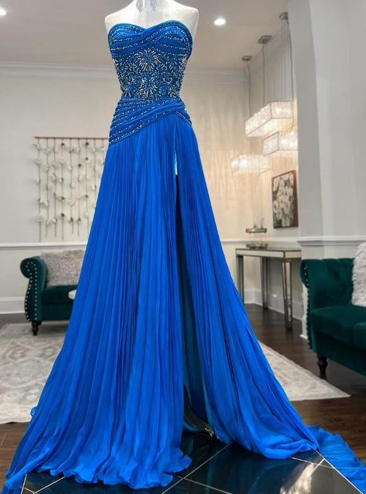 Strapless Long Prom Dress with Beading and Slit