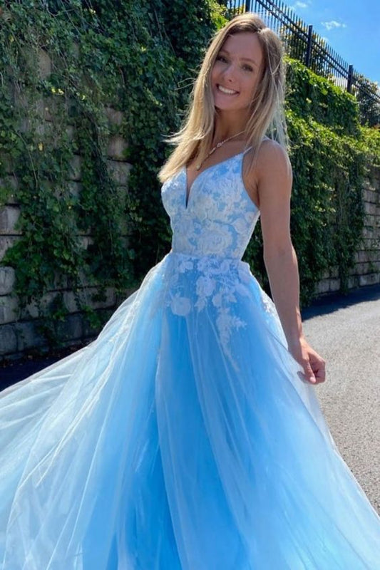 V-neck A-line Tulle/Lace Long Prom Dress