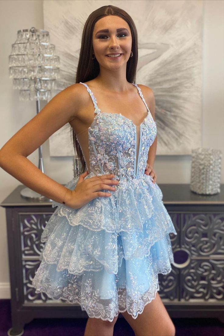 Straps Tulle Sequin A-Line Homecoming dress with Ruffle Skirt ...