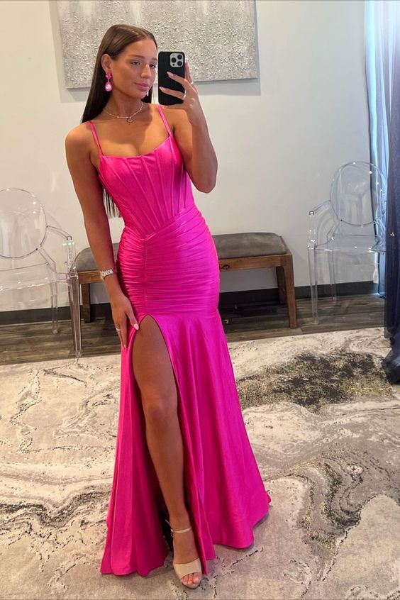 Straps Mermaid Satin Long Prom Dress with Slit