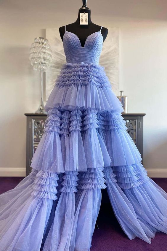 Straps Sparkly Tulle Long Prom Dress with Tiered Ruffle Skirt and Ruched Bodice