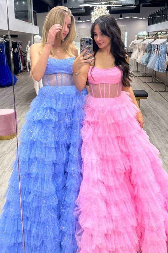 Strapless Sequin Tulle Long Prom Dress with Sheer Corset Bodice and Ruffle Skirt