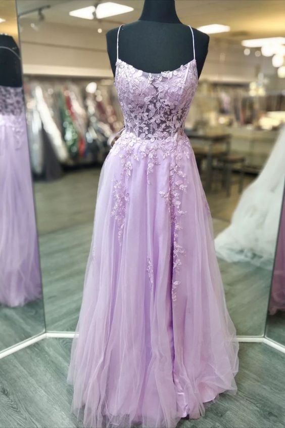 Lilac Straps Lace Long Prom Dress with Sheer Corset Bodice