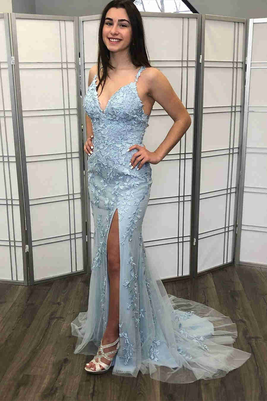 Mermaid Light Blue Lace Long Prom Dress DT1637