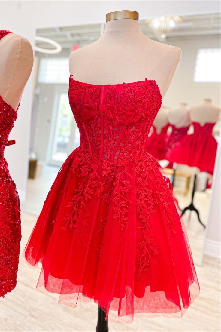 Red Strapless Leaf Lace Homecoming Dress with Sheer Corset Bodice