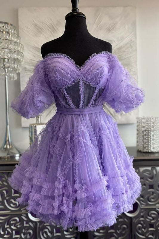 Tulle Homecoming Dress with Sheer Corset Bodice and Ruffle Embellishments