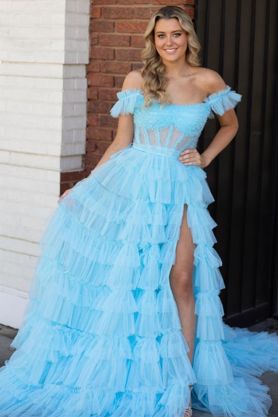 Tulle Long Prom Dress with Sheer Corset Bodice and Ruffle Skirt Slit