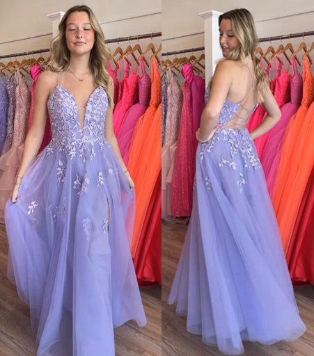 Lilac Tulle/Lace Long Prom Dresses with Lace-up Back