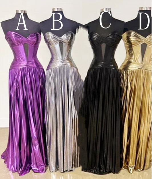 Strapless Metallic Pleated Long Prom Dress