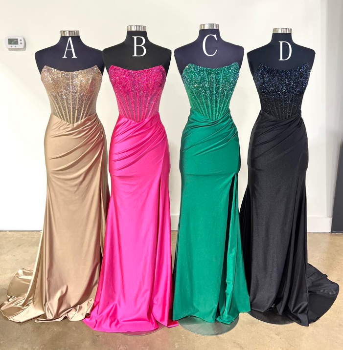 Strapless Long Prom Dresses with Beading Bodice and Skirt Slit