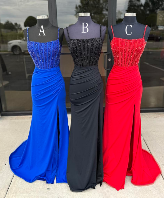 Straps Long Prom Dresses with Beading Bodice and Skirt Slit