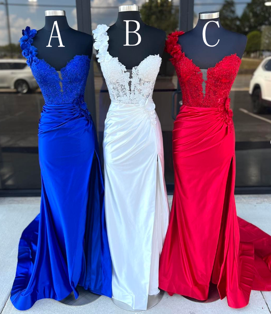 One Shoulder Long Prom Dresses with Lace Top and Skirt Slit