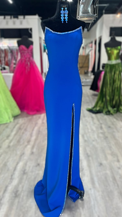 Strapless Royal Blue Long Prom Dress with Beading and Skirt Slit