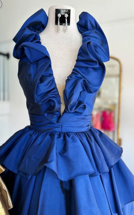 Royal Blue Halter-neck Short Dress with Ruffle Skirt