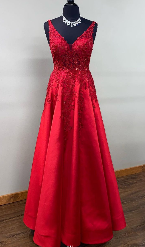 V-neck Red Long Prom Dress with Lace and Beading