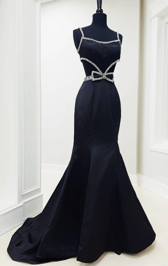 Open Back Satin Long Prom Dress with Cutouts and Bow Embellishments