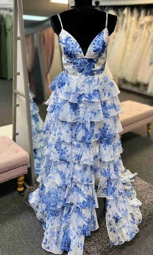 Straps Blue Print Long Prom Dress with Ruffle Skirt