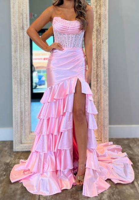 Strapless Mermaid Long Prom Dress with Beading Top and Ruffle Skirt