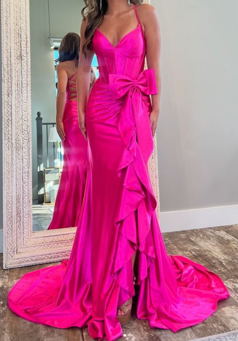 Straps Mermaid Long Prom Dress with Bow and Skirt Slit