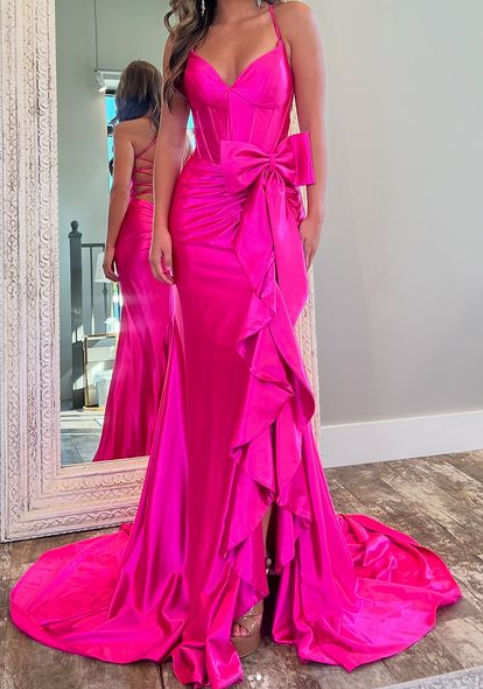 Straps Mermaid Long Prom Dress with Bow and Skirt Slit