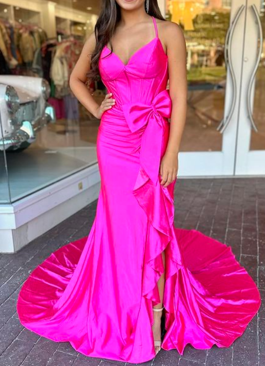 Straps Mermaid Long Prom Dress with Bow and Skirt Slit