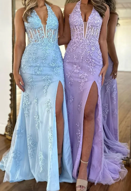 Halter Neck Leaf Lace Fitted Long Prom Dress with Skirt Slit