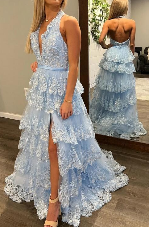 Halter Tulle Sequin Long Prom Dress with Deep V neckline and Ruffle High Slit Skirt