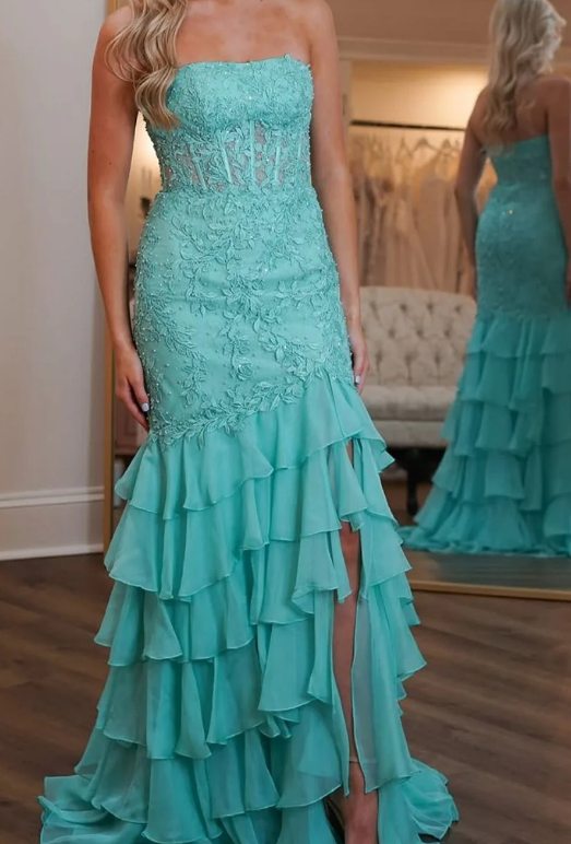 Mermaid Long Prom Dress with Leaf Lace Top and Chiffon Ruffle Skirt