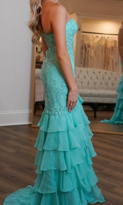 Mermaid Long Prom Dress with Leaf Lace Top and Chiffon Ruffle Skirt