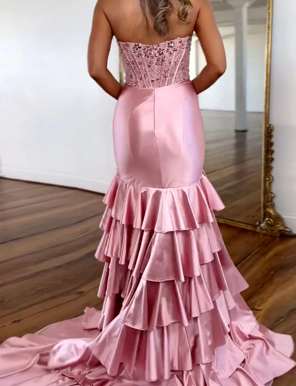 Strapless Mermaid Long Prom Dress with Beading Top and Ruffle Skirt