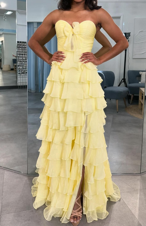 Yellow Chiffon Long Prom Dress with Bow on Bodice and Ruffle Skirt