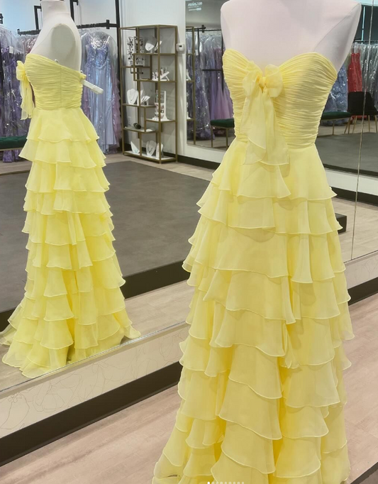 Yellow Chiffon Long Prom Dress with Bow on Bodice and Ruffle Skirt