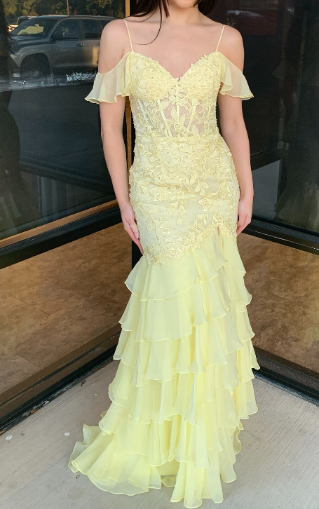 Straps Yellow Mermaid Long Prom Dress with Leaf Lace Top and Chiffon Ruffle Skirt