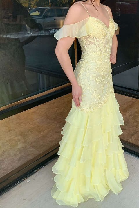 Straps Yellow Mermaid Long Prom Dress with Leaf Lace Top and Chiffon Ruffle Skirt