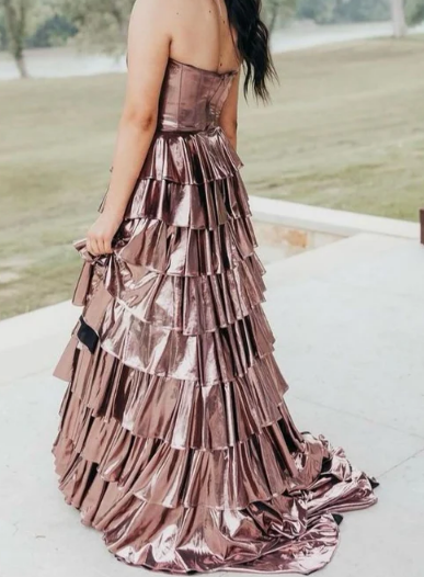 Strapless Metallic Long Prom Dresses with Ruffle Skirt