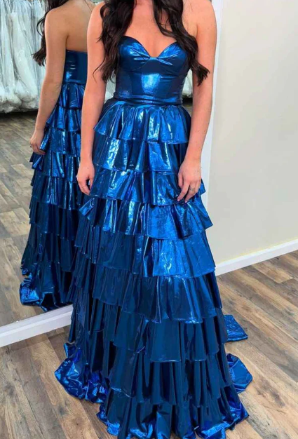 Strapless Metallic Long Prom Dresses with Ruffle Skirt