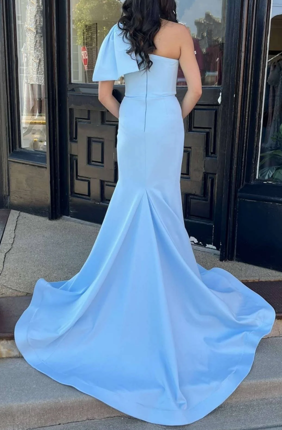 One Shoulder Light Blue Mermaid Long Prom Dresses