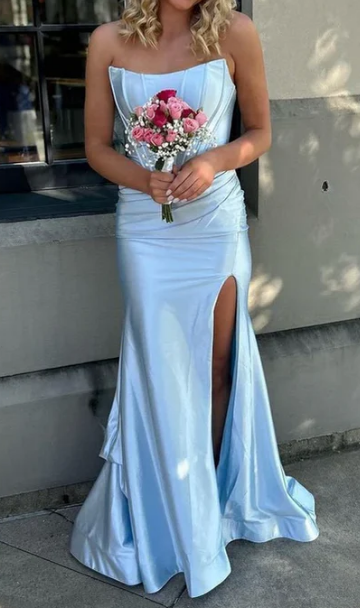 Strapless Satin Mermaid Long Prom Dresses with Slit