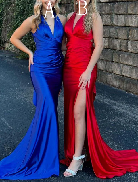 V-neck Mermaid Long Prom Dresses with Skirt Slit