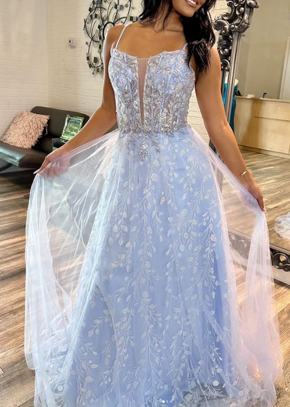 Straps Tulle/Lace Long Prom Dresses with Beading