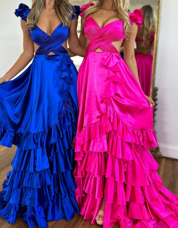 Royal Blue Long Prom Dresses with Ruffle Skirt