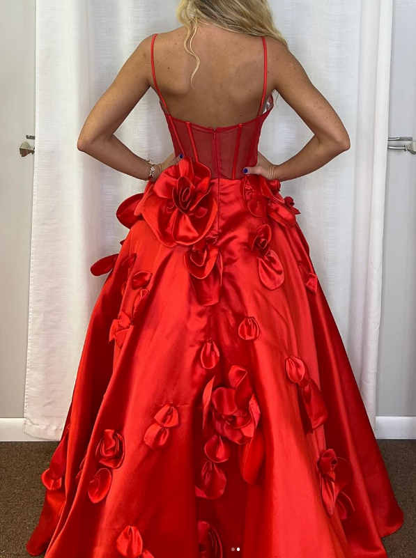 Straps Red Ball Gown Long Prom Dresses with 3D Flower Skirt